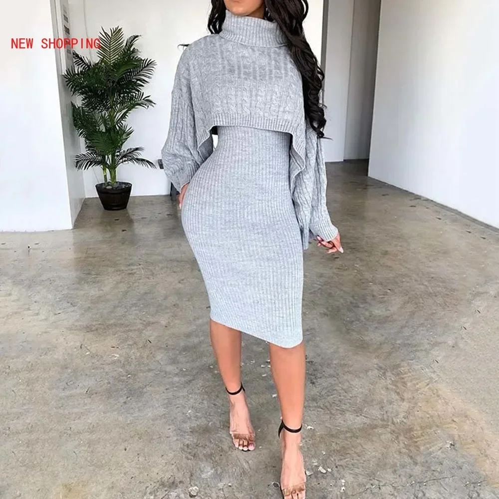 

Women Winter Turtleneck Long Sleeve Sweater Dress Fashion Autumn Warm Bodycon Plus Size Midi Knitted Dresses Two Piece Set Lady