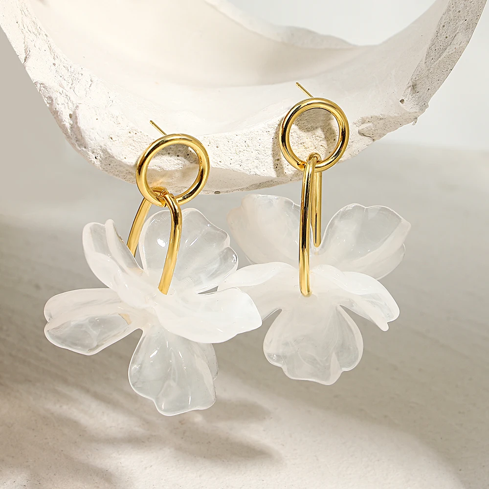 AENSOA Vintage White Brown Resin Petals Flower Drop Earrings