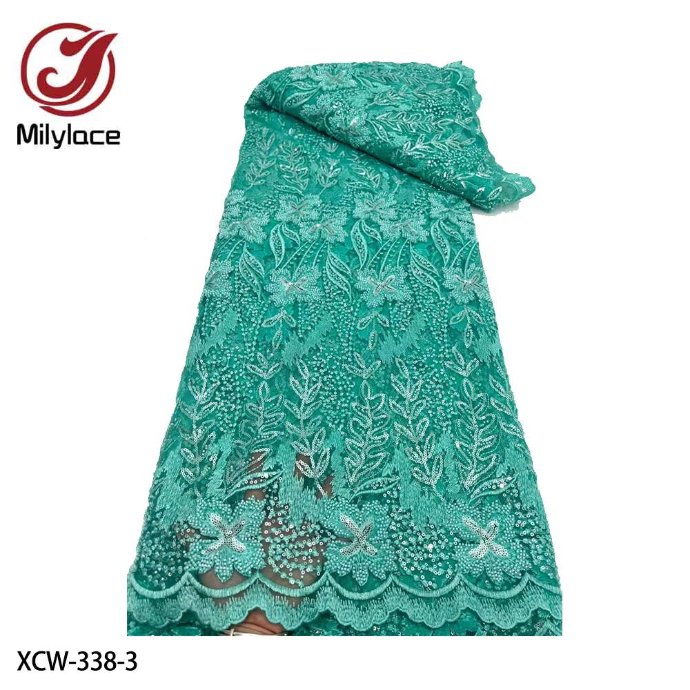 Luxury African Embroidered Lace Fabric 2023 High Quality 5 Yards Nigerian Sequins Tulle Fabric Material for Wedding XCW-338