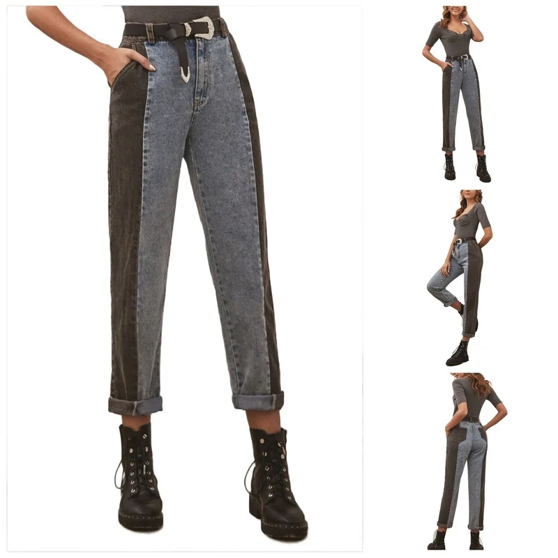 Fall New High Street Blue Black Patchwork Colorblock High Quality Trousers 2023 Women High Waist Harem Straight Denim Pants Mom