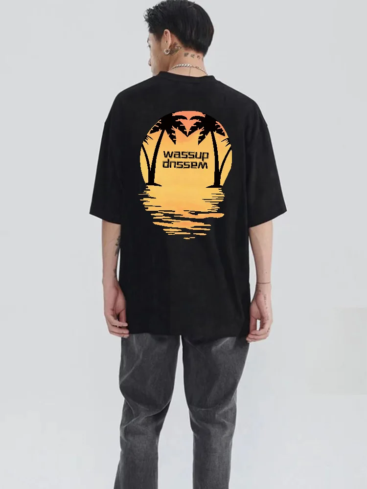 

Wassup Trendy Brand SunSet Printed Pure Cotton T-shirT, Men's American Casual HigH Street Couple Loose Summer Short Sleeved Top