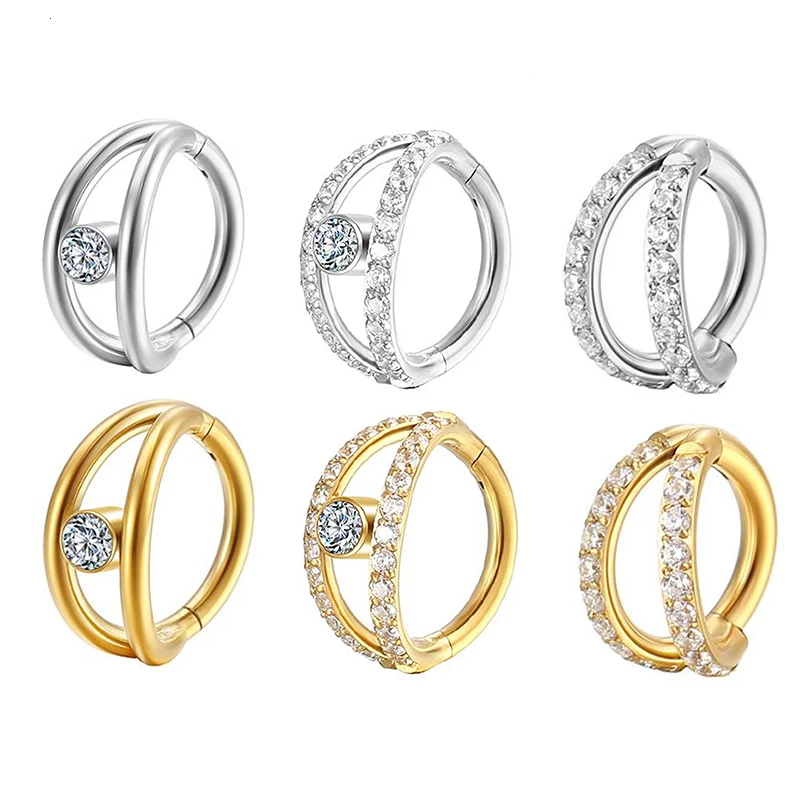 Piercing Jewelry 1PC G23 Titanium Piercing Clicker Nose Ring Septum Double Layered Hinged Zircon Helix Conch Cartilage Earrings