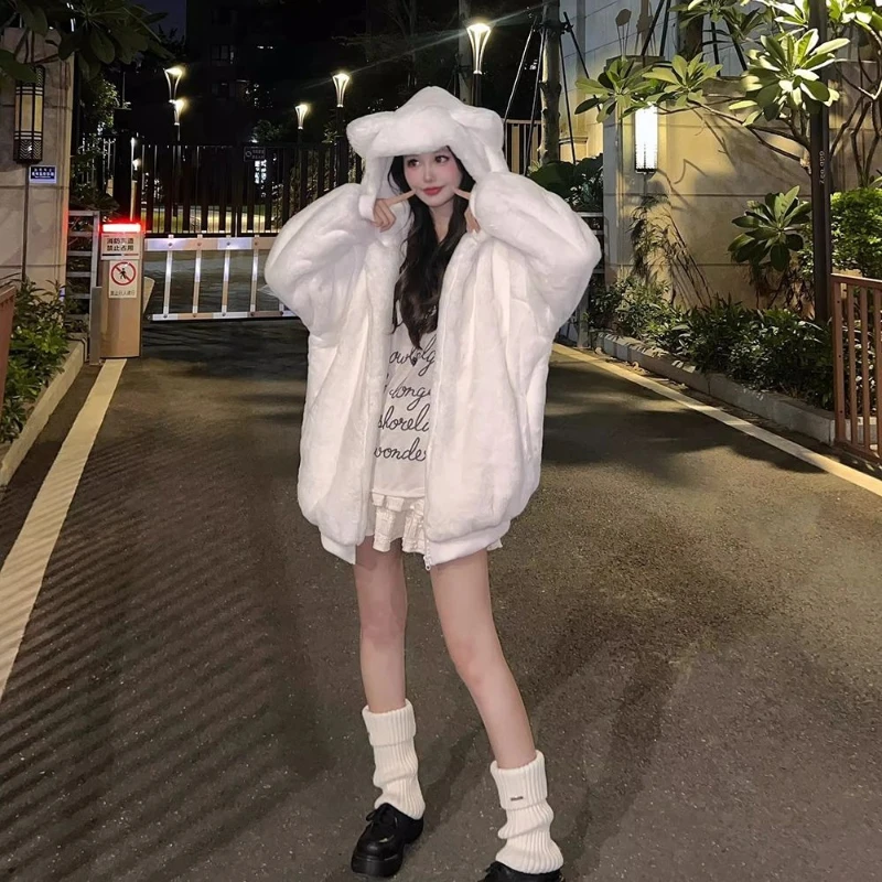 Japanese Sweet Long Sleeve Cat Ears Patchwork Coat Faux Fur Jacket Women Kawaii Y2k Vintage Hoodie Casual Autumn Winter 2026