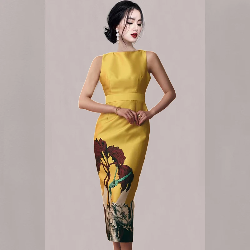 

French 2023 Summer Elegant Sexy O Neck Sleeveless Temperament Print Dress Female Mid Length Bodycon Pencil Club Dress