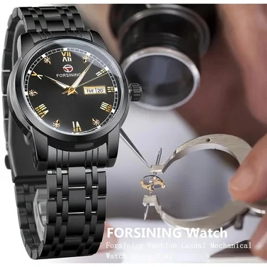 Orologio meccanico automatico da uomo di lusso di alta gamma - Stile business, visualizzazione del calendario alla moda, cassa in lega e cinturino in acciaio inossidabile, elegante design ritagliato_voghion.com