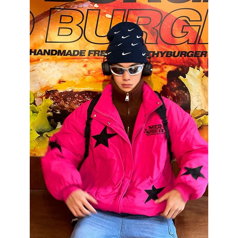 

Women's coat American retro trend winter stars thickened warm bread jacket stand collar zipper jacket fashionable cotton jacket