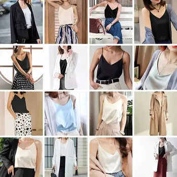 قميص نسائي بحمالات رفيعة ورقبة على شكل V أساسي أبيض كامي بدون أكمام من الحرير الساتان قميص قصير نسائي صيفي 2025 4