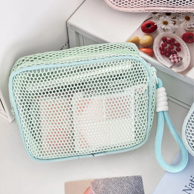 Tofu Block Mesh Cosmetic Bag High Appearance Dopamine Pearl Zipper Large Capacity Portable Travel Toiletry Bag