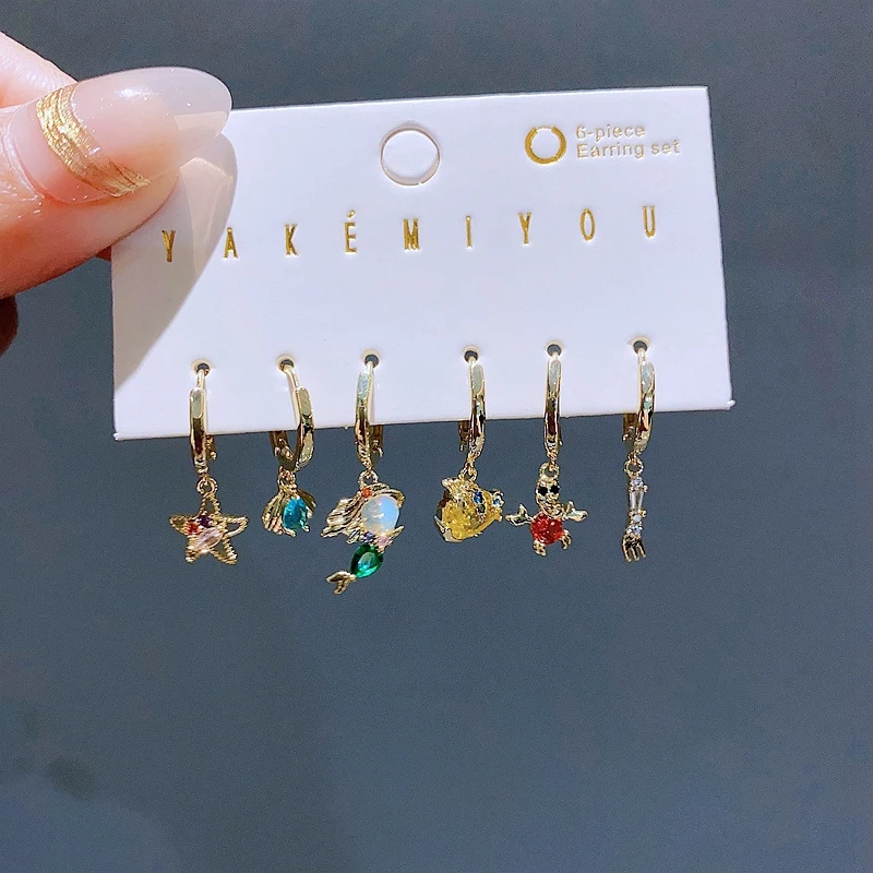 New Design Colorful Crystal Ocean Animal Mermaid Hoop Earrings Set for Women Gold Color Huggie Jewelry 3