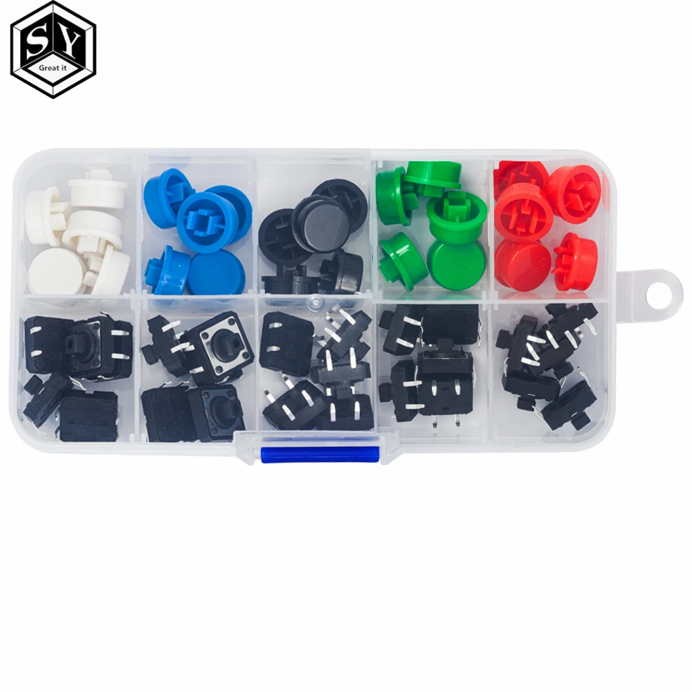 Tactile Push Button Switch 25PCS Tactile Push Button Switch Momentary 12*12*7.3MM Micro switch button + 25PCS Tact Cap(5 colors) for Arduino Switch