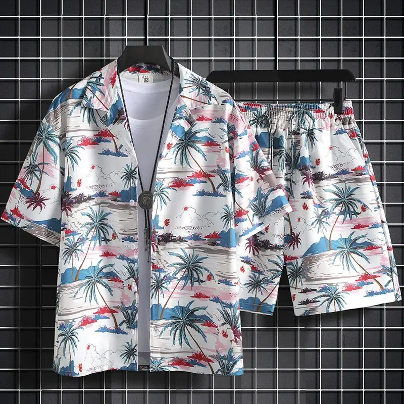 thumbnail image 1 of Conjuntos de camisas para hombre, conjuntos de playa blancos, conjunto de 2 piezas, conjunto coreano de dos camisetas, pantalones cortos, trajes para hombre, elegantes, 5xl, elásticos, sueltos, fresco, 1 of 5