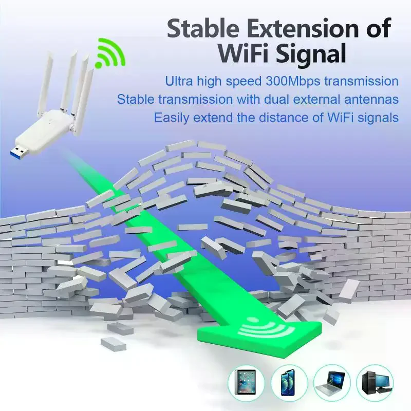 2.4G 300Mbps USB 무선 와이파이 리피터 4 안테나 와이파이 신호 증폭기 부스터 장거리 확장기