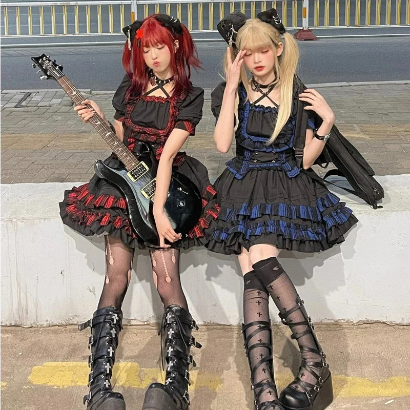 

Harajuku Gothic Plaid Lolita Dress Set Women Victorian Lace Crop Tops Ruffles Mini Cake Skirt Kawaii Y2k Cosplay Hot Girls Suit