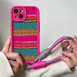Vibrant Rainbow Leopard Wrist Chain Case with Hang Strap and Lanyard Cover for Xiaomi 12T Pro (J07-Rose-SS)
