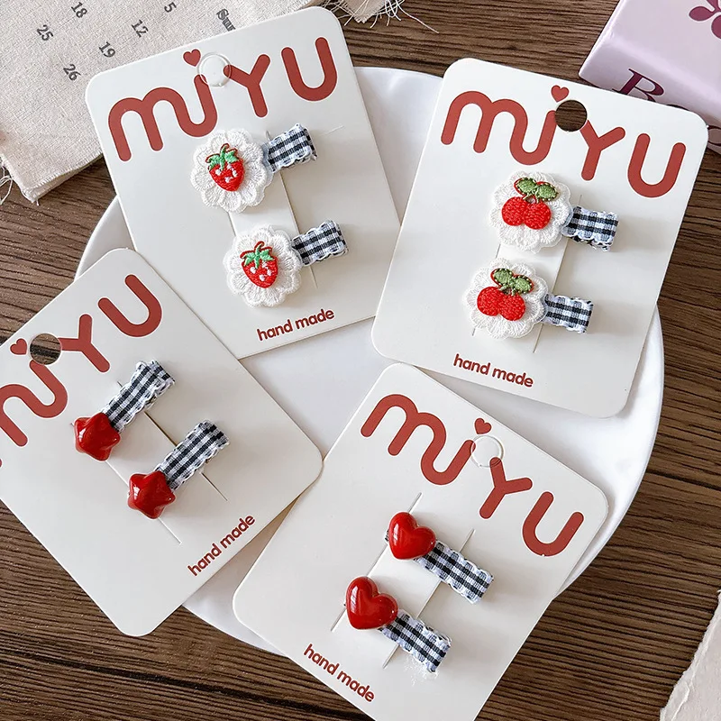 2pcs Girls Korean Red Heart Plaid Hairpins Strawberry Cherry Embroidery BB Clip Children Hair Clip Bangs Clip Hair Accessories
