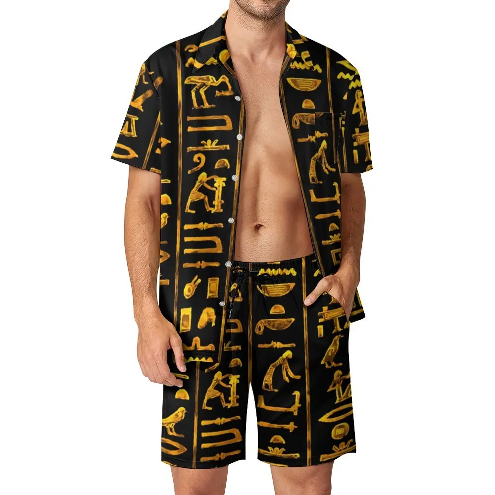 

2 Pieces Pantdress Ancient Egyptian Hieroglyphs (Gold on Black) High Quality Men's Beach Suit Funny Home Eur Size