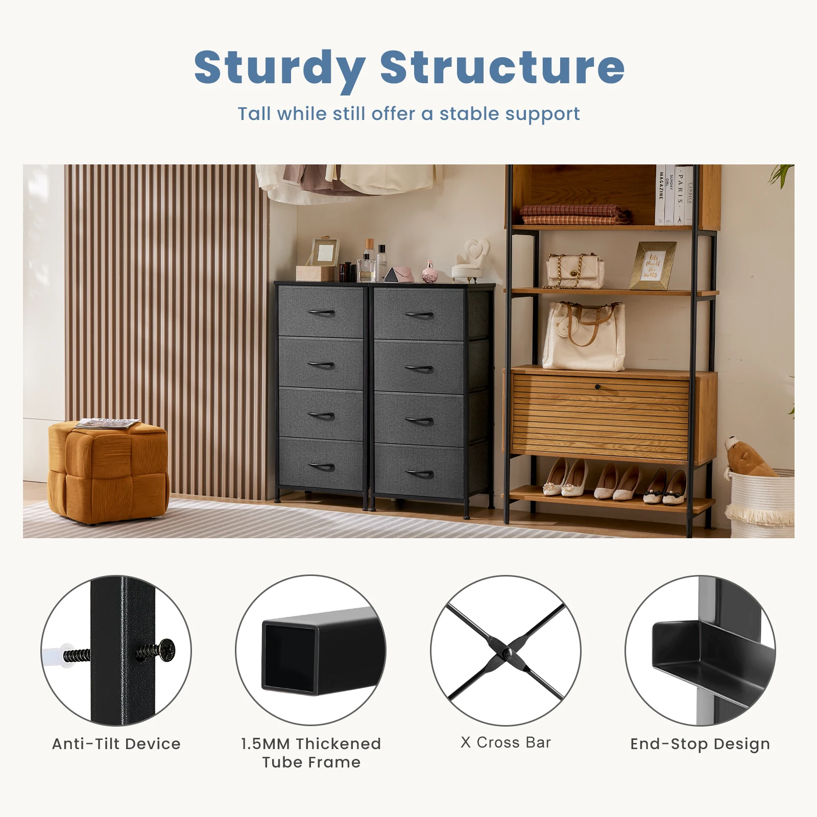 JHK Dresser With 4 Fabric Drawers fabric drawers cabinet Nightstand Wardrobe Steel Frame Closet For Clothes Storage Cabinet Of Furniture