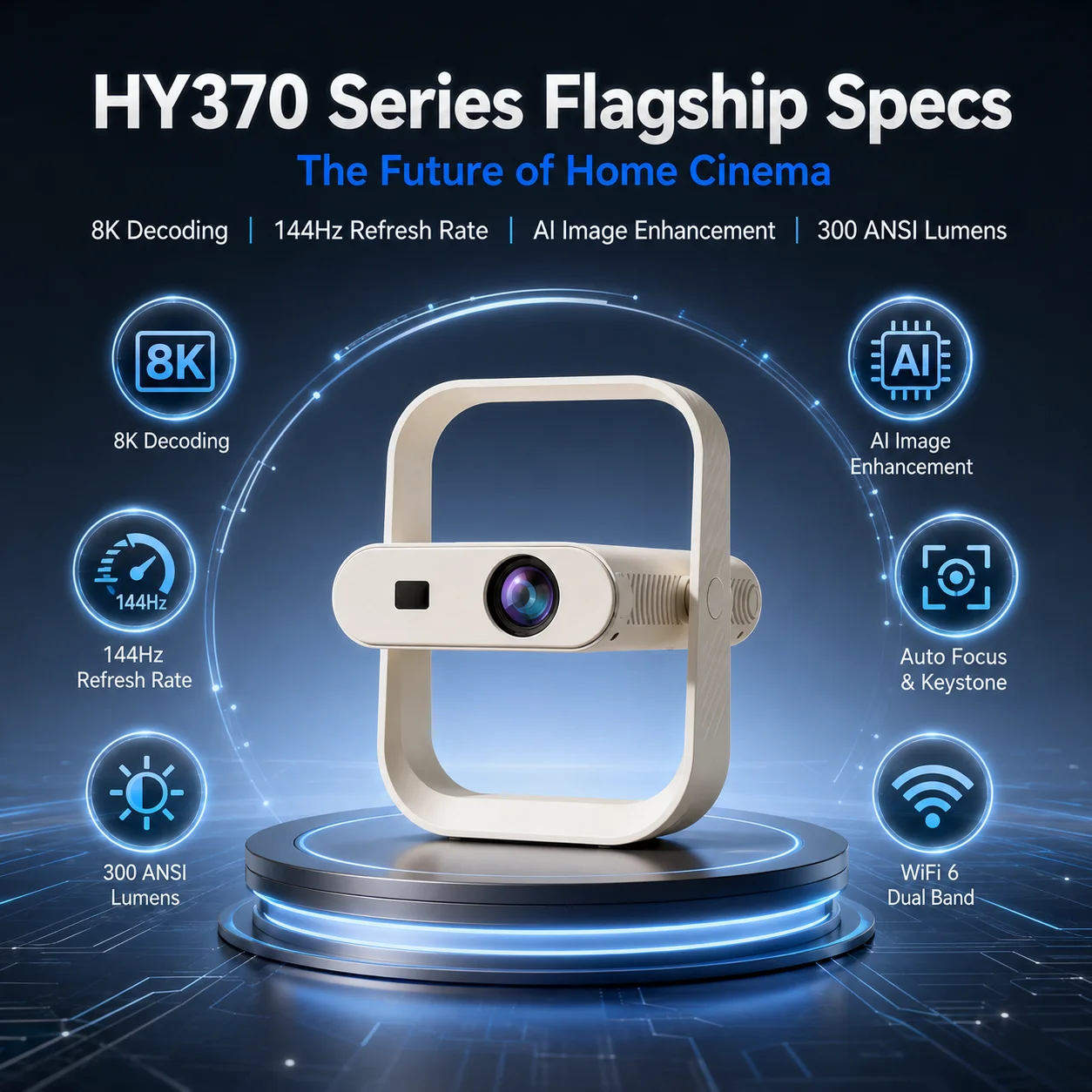 스마트 안드로이드 14 프로젝터 HY370 네이티브 720P 8K 디코딩 WiFi 6 BT 5.0 리모컨 전동 포커스 자동 키스톤 보정 300 ANSI 180도 회전