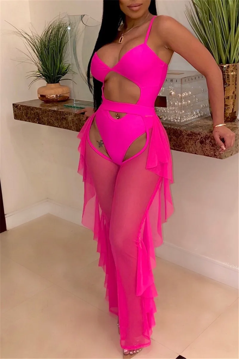 

Women New Sexy Swimsuit High Waist See Through Flared Leg Mesh Pants Bikini Sets Cover Ups Ruffle Hollow Out Beach Long Trousers