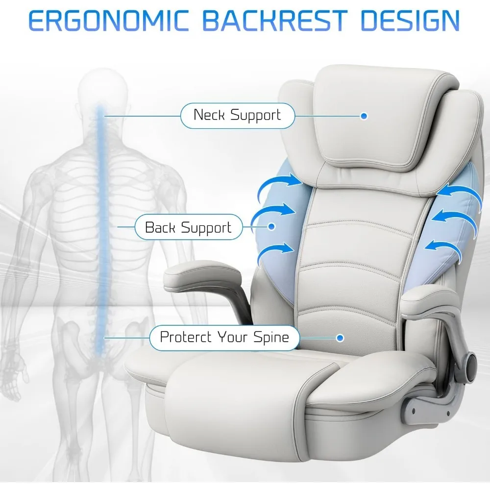 Big and Tall Office Chair 400lb Wide Seat, High Back Leather Executive Office Chair with Flip-up Arms, Ergonomic Desk Chairs 3