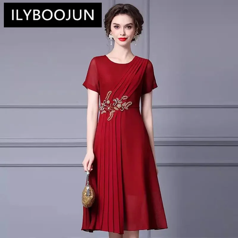 

ILYBOOJUN Fashion Designer Spring Summer Women's Short-Sleeved Crystal Diamond Embroidery Temperament Vintage Dresses
