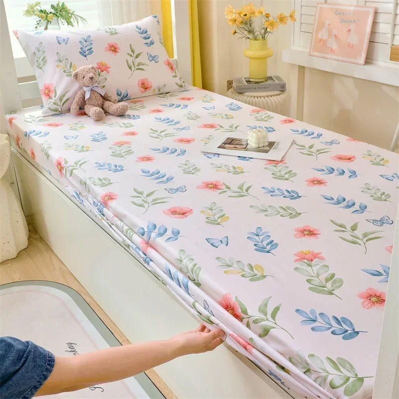 Botanical Floral Fitted Sheet Set 100% Cotton Skin-friendly Bedspread with 2 Pillowcases Children and Student Room Single Sheet 2