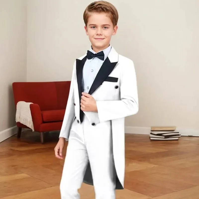 Solid 2 Pieces Boy Tailcoat Suits Children Peak Lapel Long Jacket Pants Sets Flower Boys Formal Party Suit Kids Wedding Tuxedo