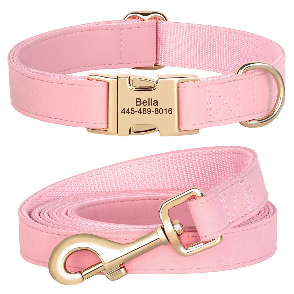 Engraved Leather Dog Collar And Leash Set For Small Medium Large Dogs_voghion.com