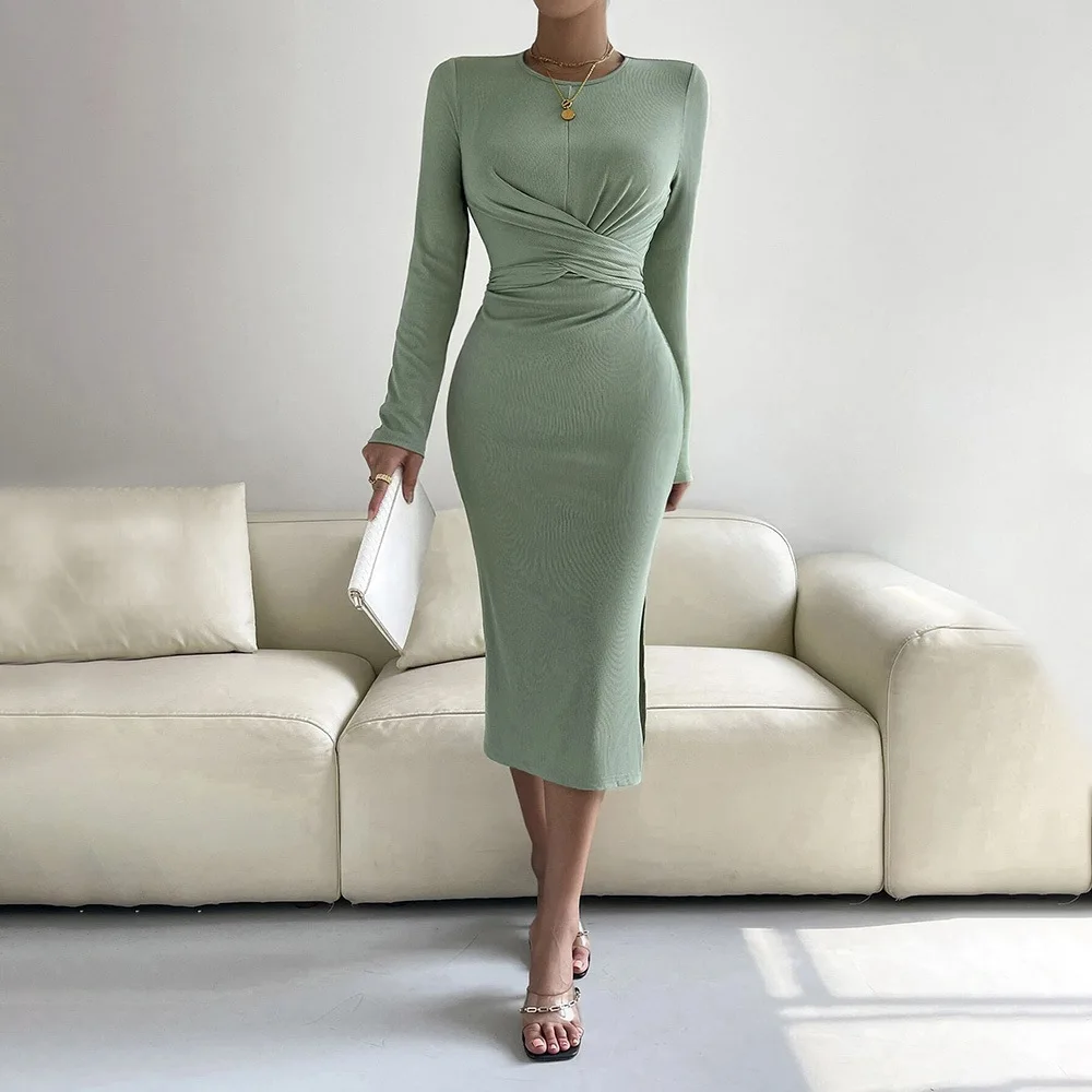 

European and American Women's Clothing 2024 New round Neck Slim Fit Hip-Wrapped Mid-Length Dress Long Sleeve Dress