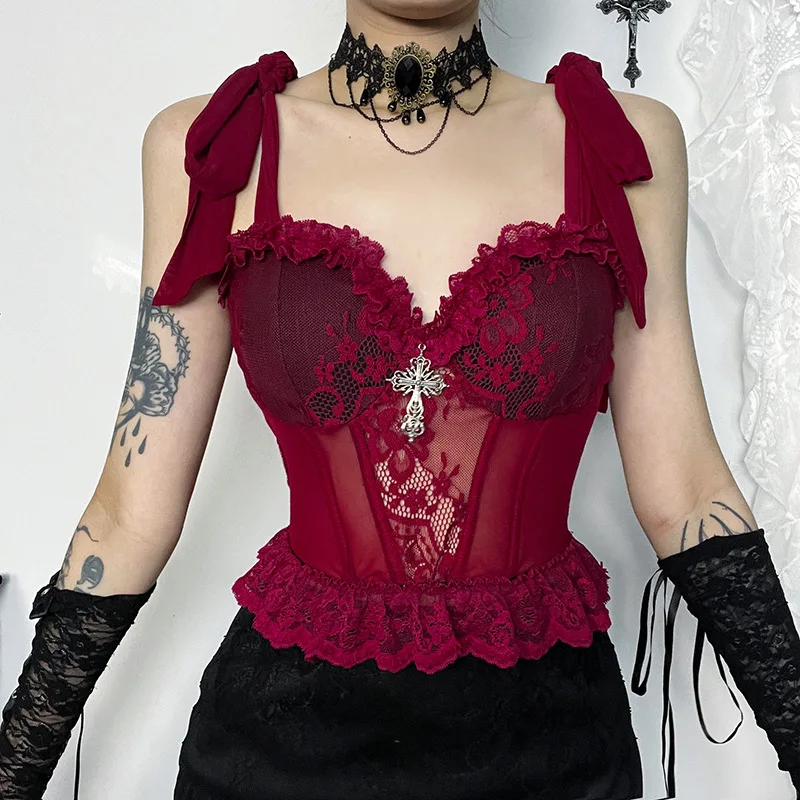 

Goth Dark Elegant Vintage Gothic Corset Tank Tops Y2k Lace Sheer Ruffles Hem Crop Top Women Bodycon Tie Up Sexy Backless Bustier