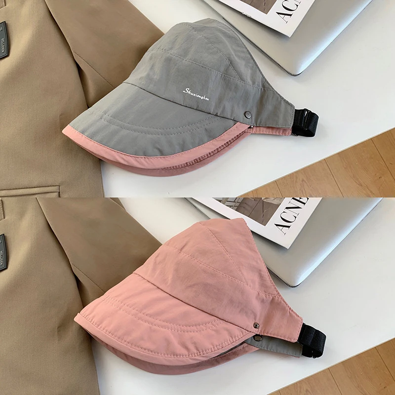 여성용 양면 할로우 탑 자외선 차단 모자, 여름 자외선 차단, 사이클링용 큰 챙, 포니테일 덕으로 묶을 수 있음