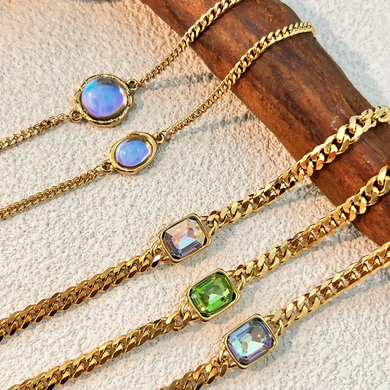 Punk Round Crystal Thick Chain Bracelet Women Green Square CZ Zircon Bangle Bracelets Stainless Steel Waterproof Classic Jewelry