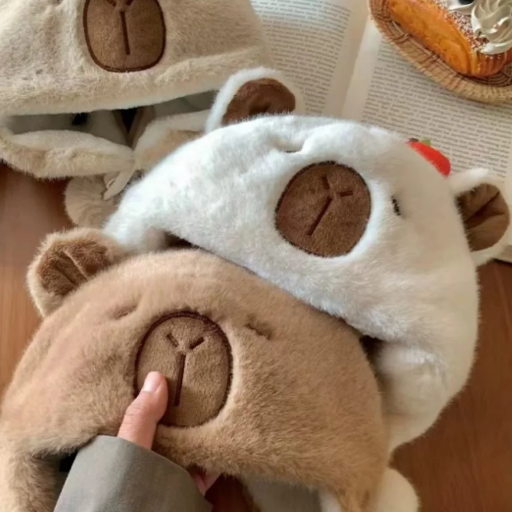 Cartoon Capybara Fluffy Warm Hat Women Winter Ear Protection Cap Pullover Hat Outdoor Sports Windproof Bear Cap Beanie Hat