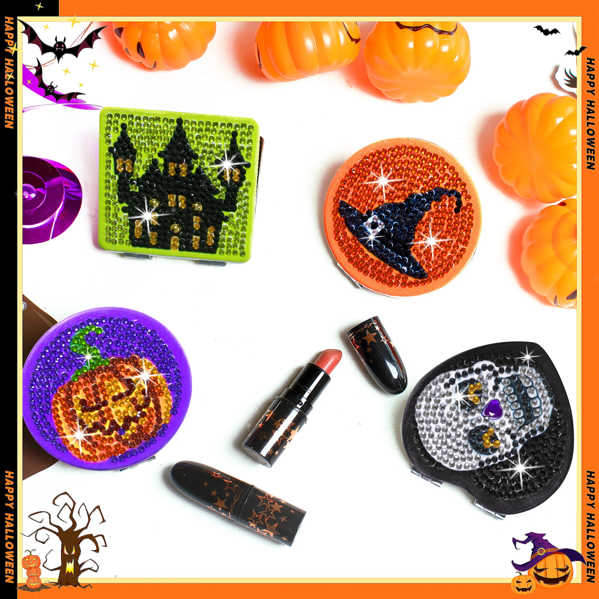 1pc/Set DIY Halloween Diamond Art Mirror Compact 4 Styles Portable Folding PU Leather Diamond Painting Pocket Mirror for Women