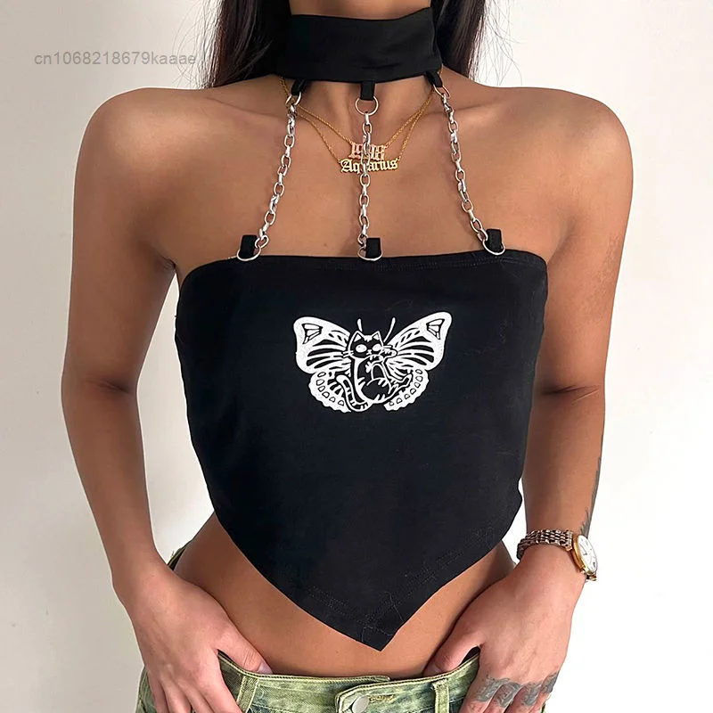 

New Butterfly Print Fashion Chains Suspender Slim Sexy Strapless Crop Top Summer Clothes For Women Y2k Punk Style Halter Tops
