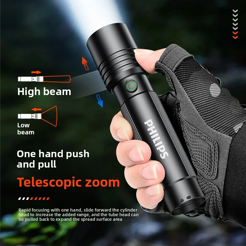 Philips Aluminum alloy Rechargeable Flashlight Long Range Zoom Portable for Outdoor & Home Use