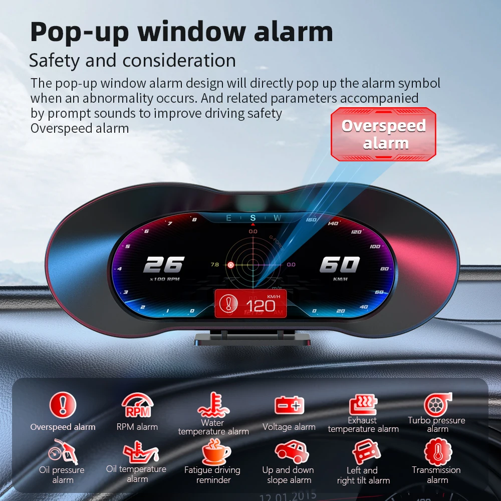 AD OBD+GPS 자동차 헤드업 디스플레이 터빈 게이지 경사계 대형 화면 LCD HUD 자동차 속도계 OBD2 디지털 온보드 컴퓨터 P5