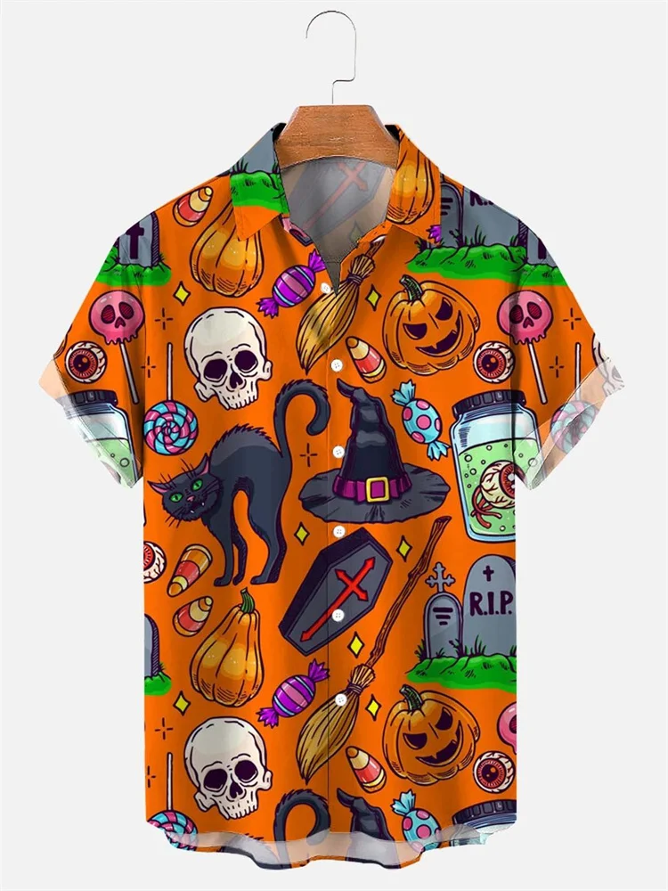 Visesunny Men's Hawaiian Shirt – Short Sleeve Button Down, Pumpkin Halloween Pattern, Quick-Dry & Lightweight - View #10