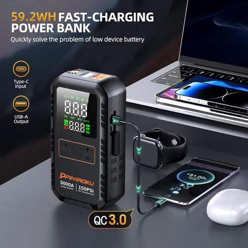 PAIVIROKU 4-IN-1 Car Jump Starter with Air Compressor 5000APeak Auto Battery Booster 150PSI Air Pump Power Bank Tire Inflator - Image 5
