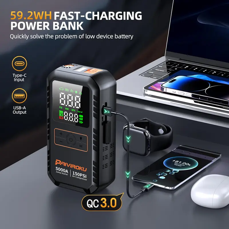 PAIVIROKU 4-IN-1 Car Jump Starter with Air Compressor 5000APeak Auto Battery Booster 150PSI Air Pump Power Bank Tire Inflator - Image 5