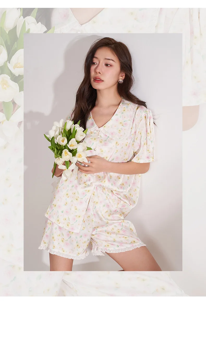 CRLAYDK 2023 Summer Flower Pamas Set for Women  Short Sleeve Satin Silk Button Down Sleepwear Bride Soft Pjs Loungewear_voghion.com