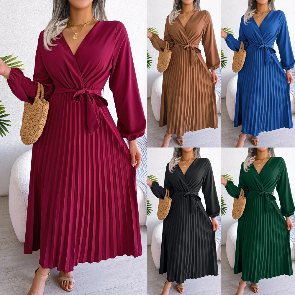

Women Temperament Crossover V-neck Large Swing Ruffle Sleeve Pleated Long Skirt