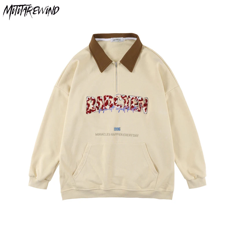 

American Retro Letter Embroidery Pullover Sweatshirts Half Zipper Polo Collar Long-sleeved Hoodies Men Loose Couple Lapel Tops