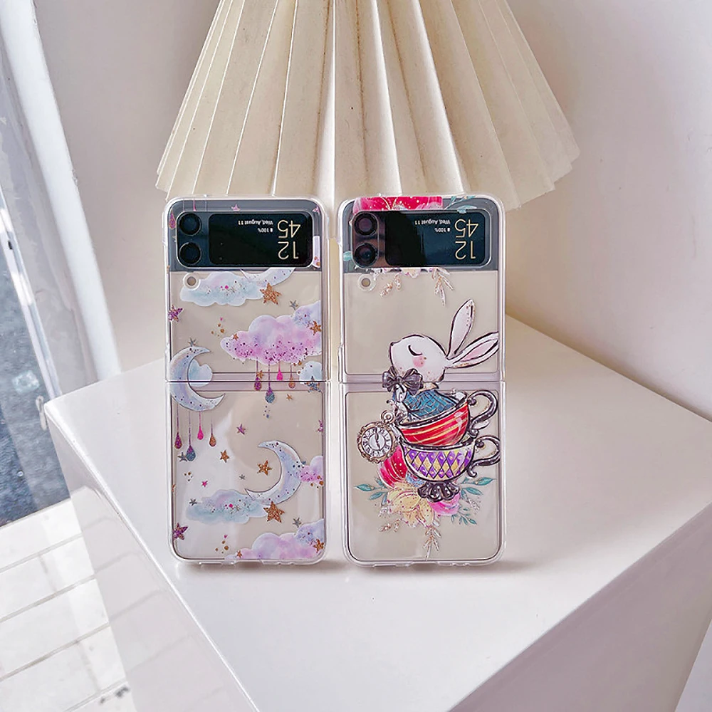 Color Flower Tea Cup Rabbit Dream Star Moon Clear Phone Case Per Samsung Galaxy Z Flip 4 Z Flip 3 Z Flip 2 Pc Cover Antiurto