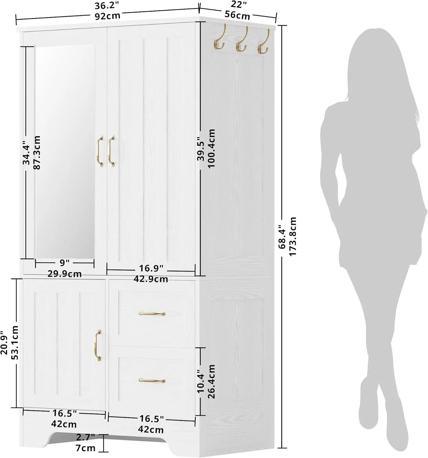 Wardrobe Closet with Mirror and Doors and Drawers and Shelves, Wooden Armoire Storage Cabinet with Hanging Rod for Bedroom 2