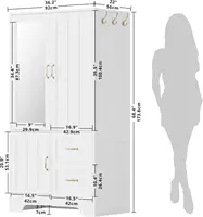 Wardrobe Closet with Mirror and Doors and Drawers and Shelves, Wooden Armoire Storage Cabinet with Hanging Rod for Bedroom 2
