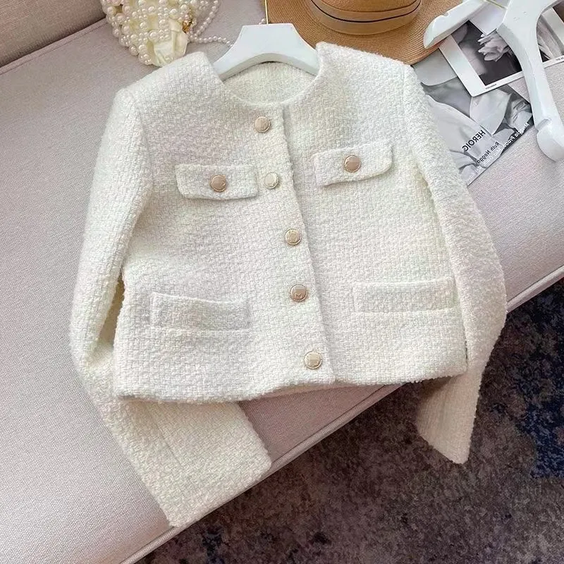

Korean Chic Female Tweed Basic Jacket Coat Women Clothing Runway Style Woolen Outerwear