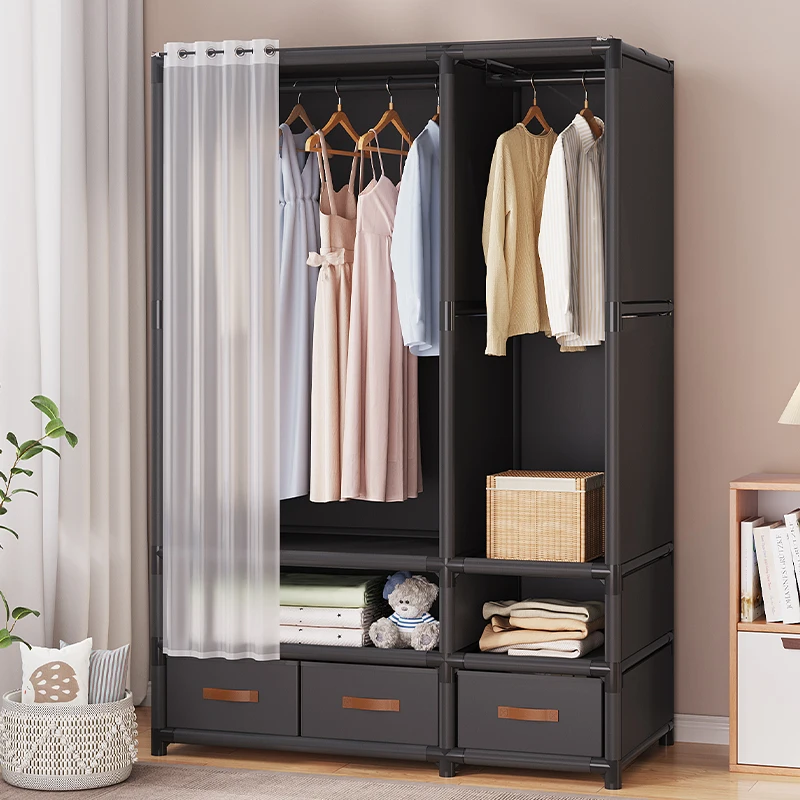 

Wardrobe Home Bedroom Simple Assembly Cloth Wardrobe Steel Pipe Thickened Sturdy Durable Rental Room Wardrobe Cabinet