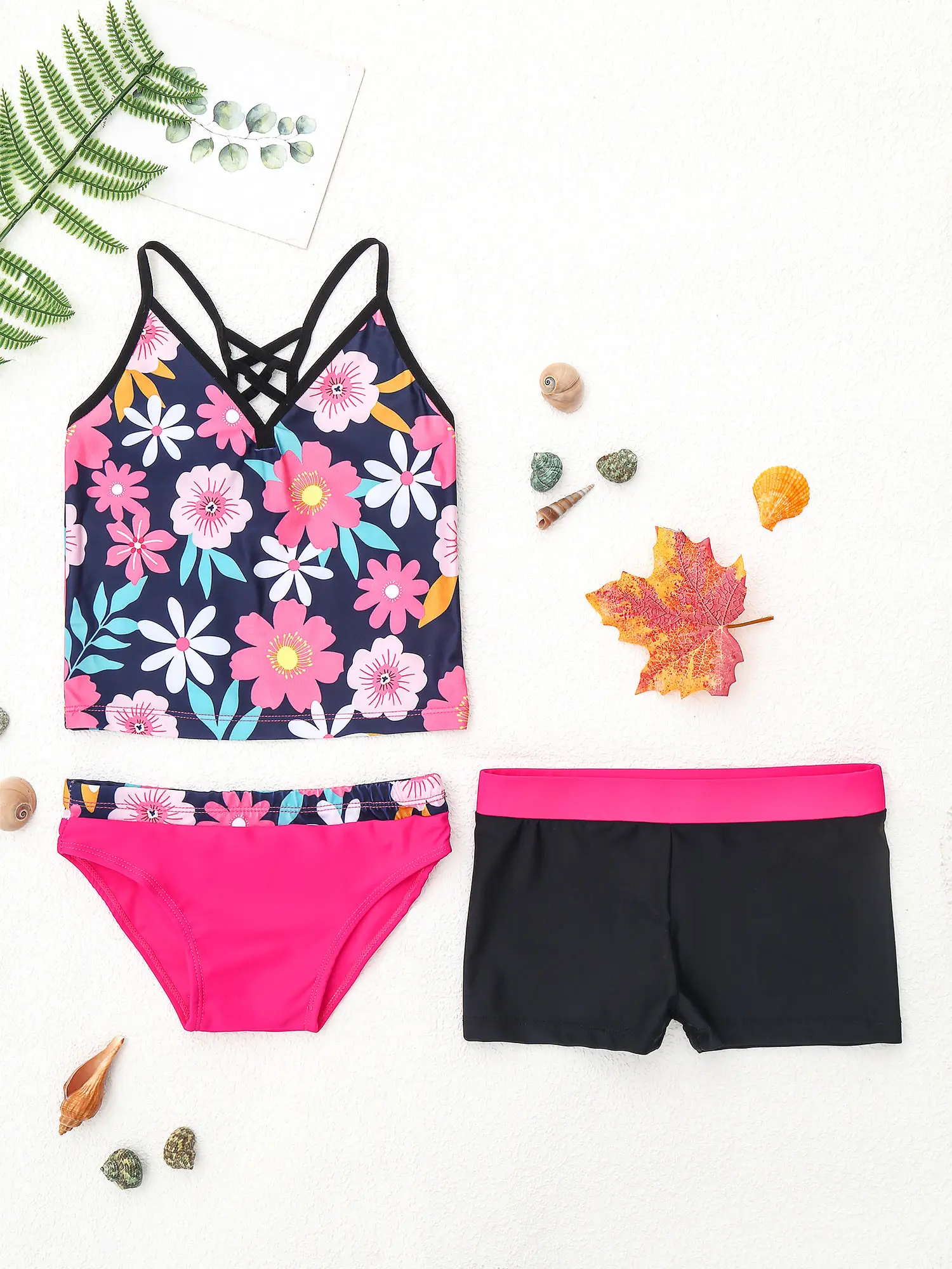 3Pcs Kids Girls Tankini Floral Printed Swimsuit Summer Swimwear Beach Bathing Suit Sleeveless Camisole Tops+Bottoms Shorts Set