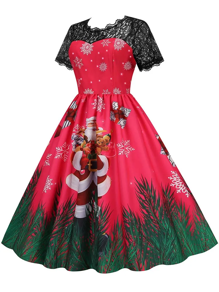Weihnachts kostüm Party kleid Frauen Kurzarm Spitze Vintage Robe elegante Weihnachten Abendkleid ung – Detail 16
